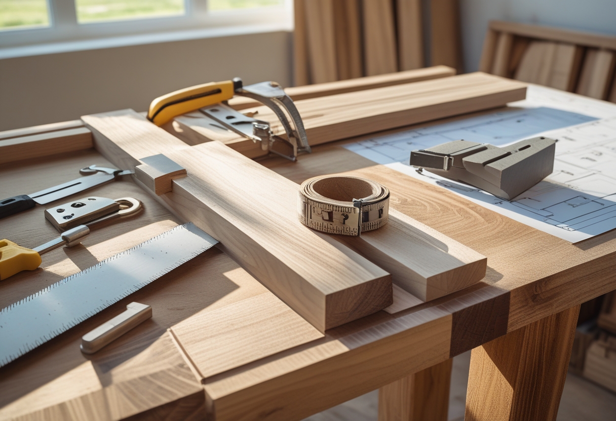 A woodworking workbench with essential tools and partially assembled wooden furniture pieces showing joinery techniques in a bright workshop.