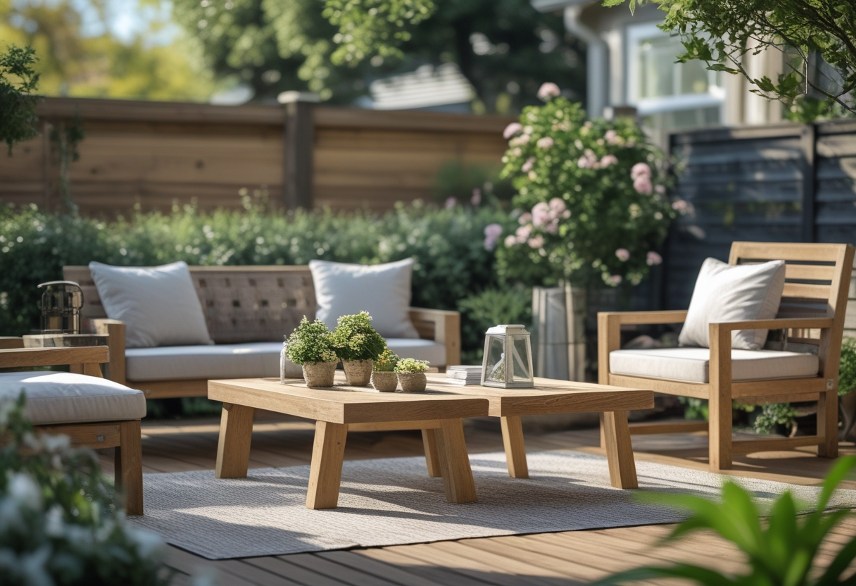 Outdoor seating area with wooden benches and tables surrounded by plants in a backyard.