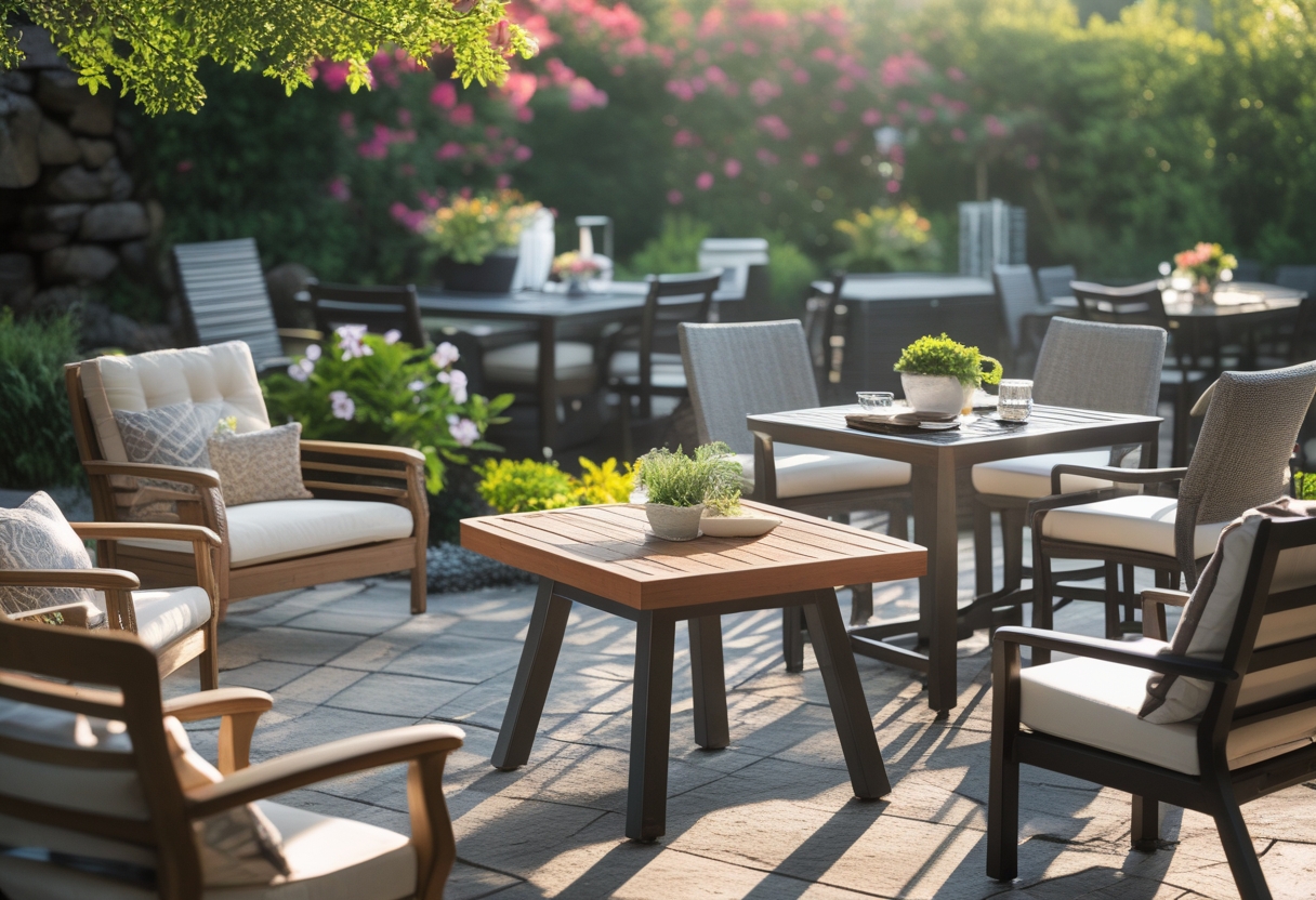 Outdoor patio with various wooden and metal tables surrounded by chairs and plants under natural sunlight.