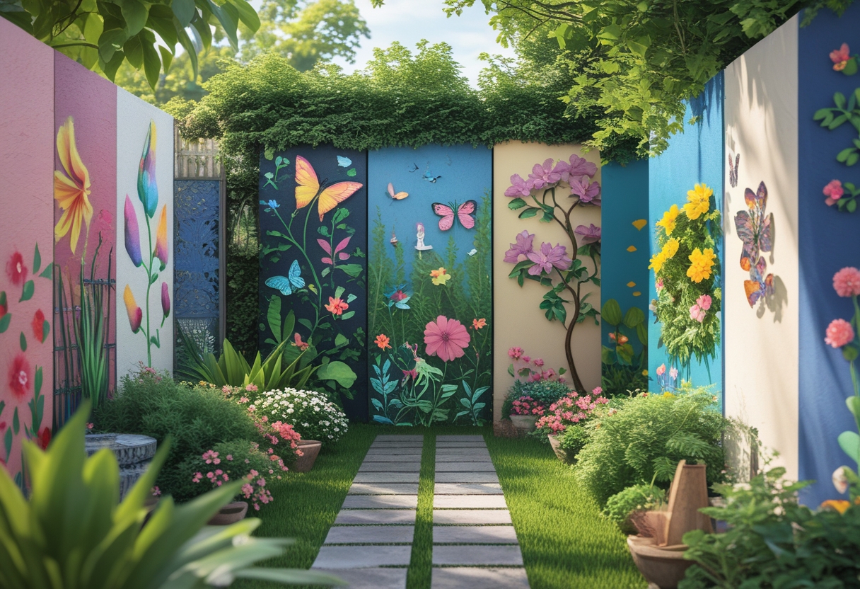 A garden with ten different walls painted with colorful murals of flowers, birds, butterflies, and abstract designs surrounded by plants and greenery.