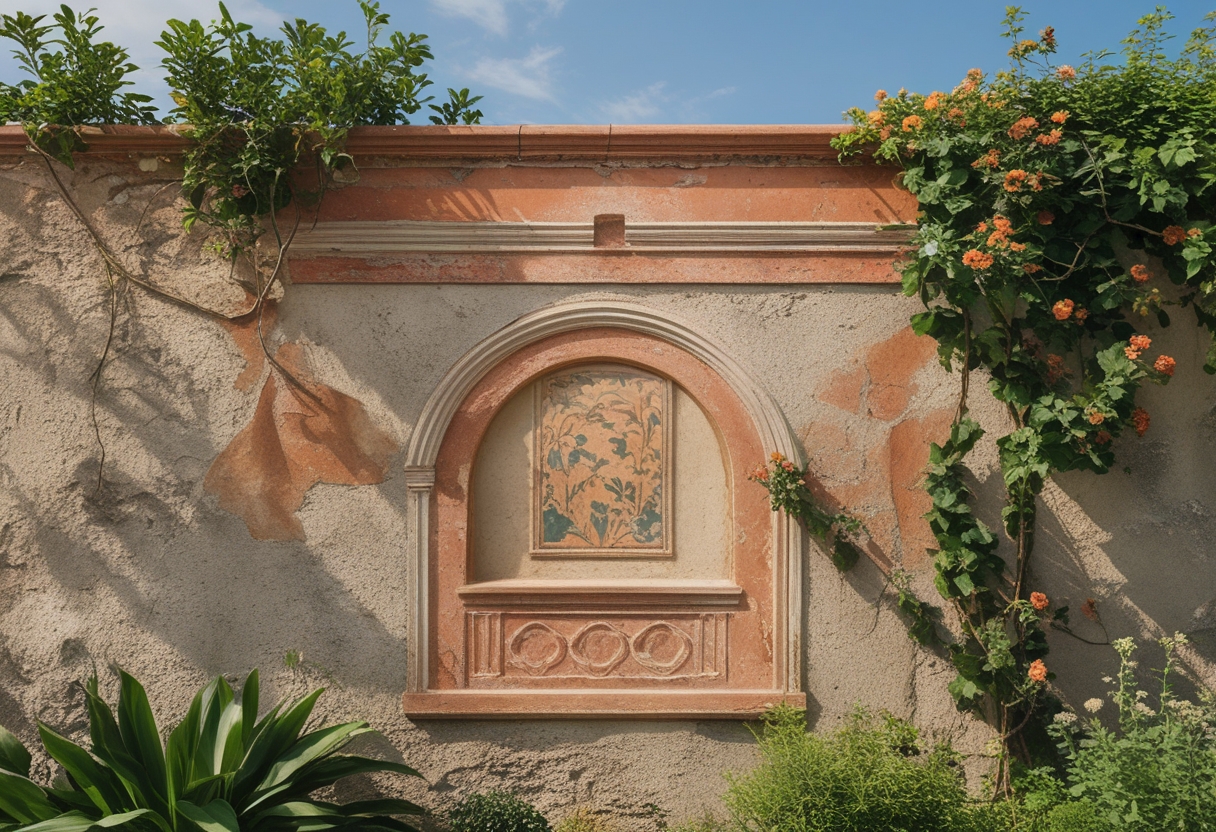 A garden wall with a sun-faded terracotta mural surrounded by green plants and flowering vines in natural sunlight.