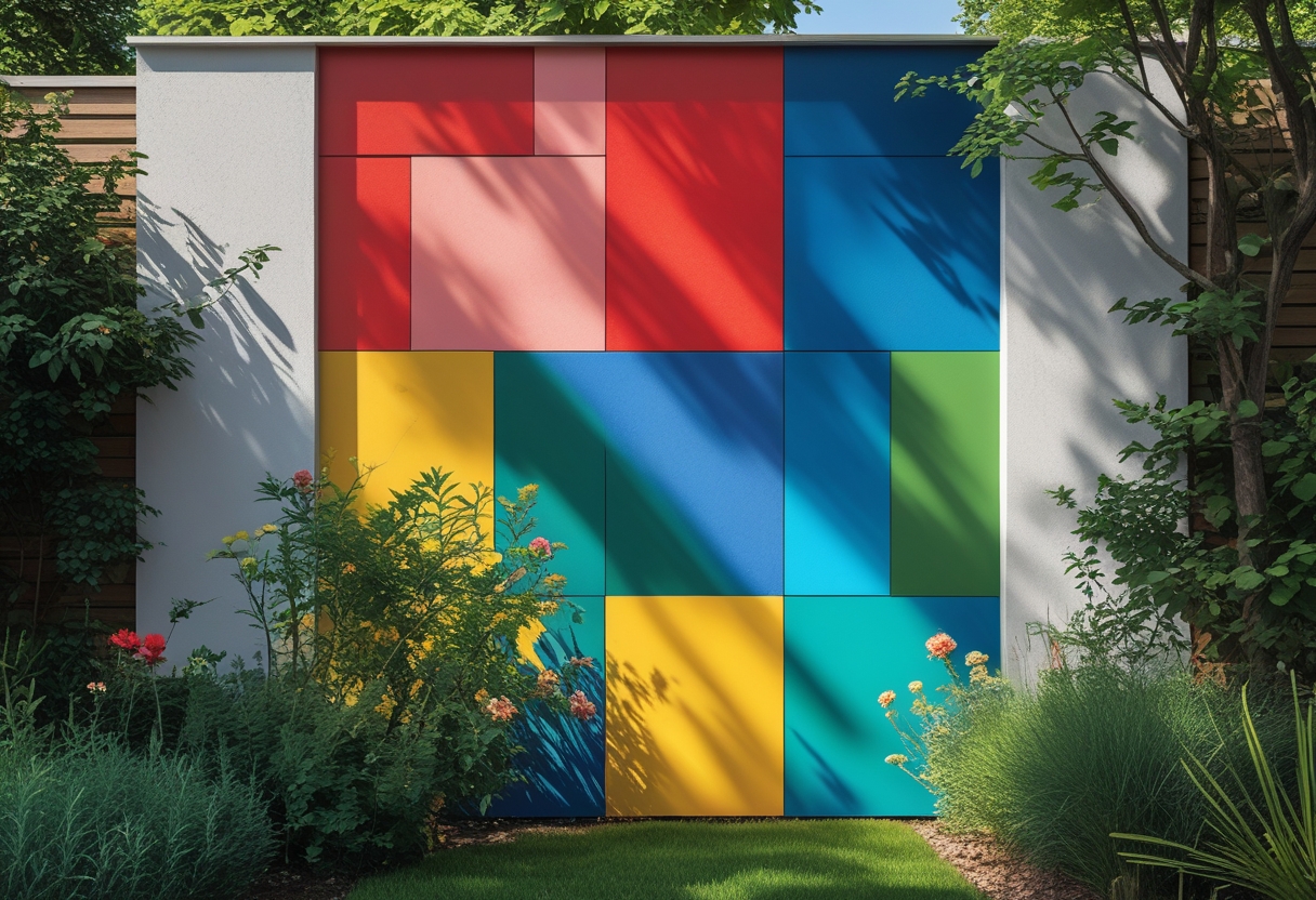 A colorful garden wall with geometric painted panels surrounded by plants and sunlight.