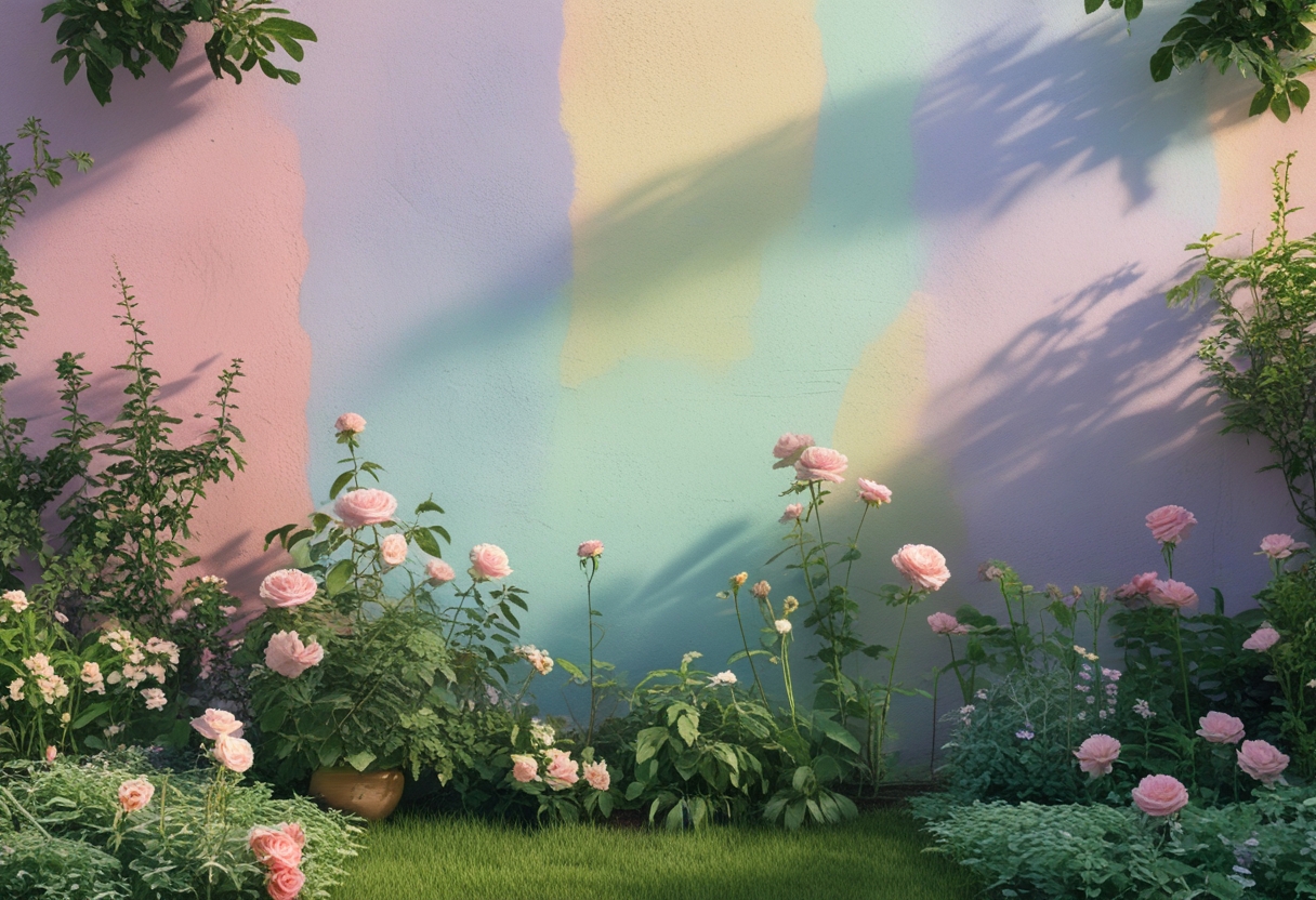 A garden wall with a smooth gradient of pastel colors behind blooming flowers and green plants in a sunny outdoor setting.