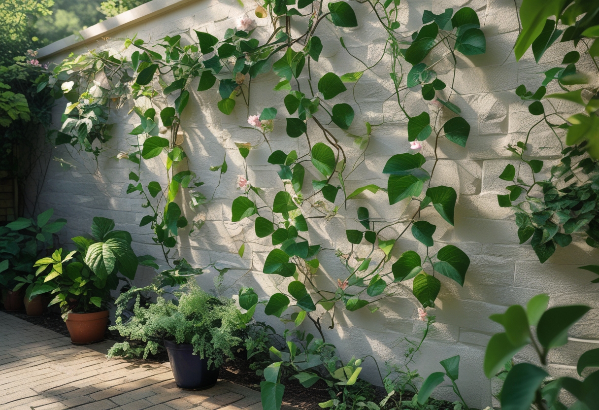 A garden wall covered with a detailed botanical vine mural surrounded by plants and natural sunlight.