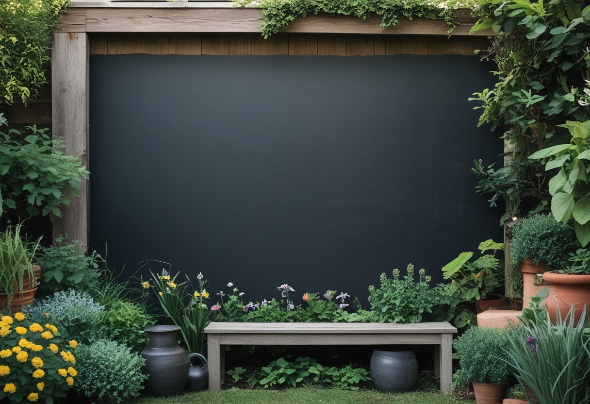 A garden wall painted with weatherproof chalkboard paint surrounded by green plants and colorful flowers.