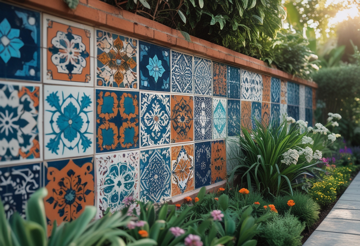 A garden wall decorated with colorful patterned tiles surrounded by green plants and flowers.