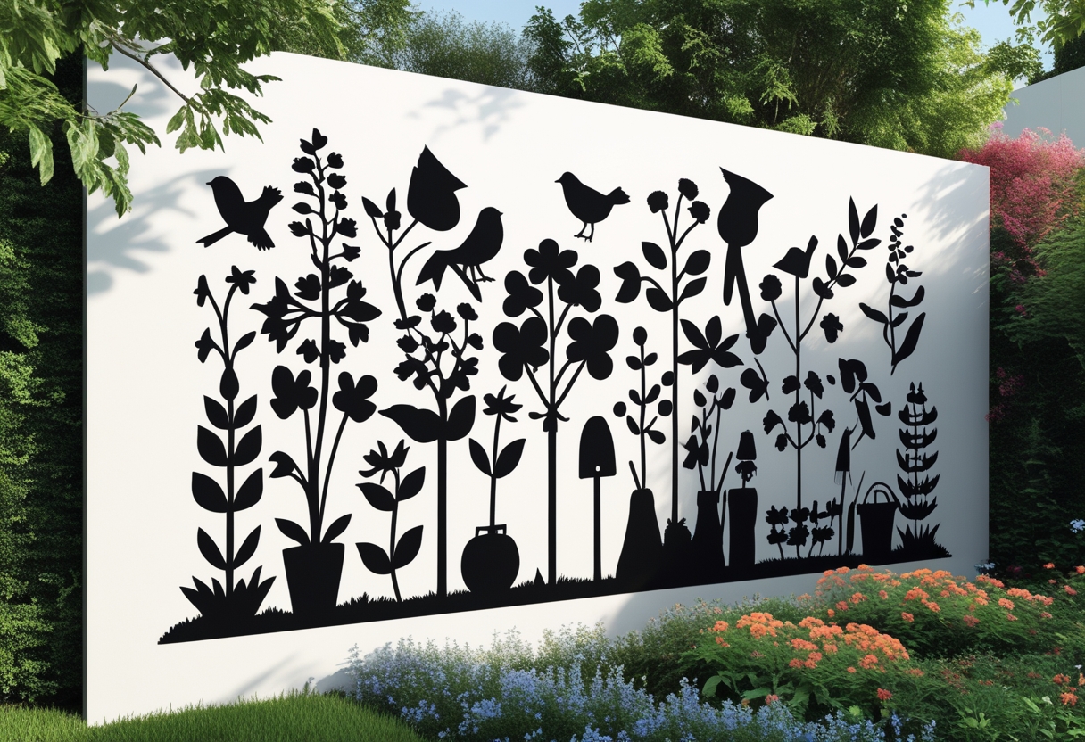 A garden wall with a large black-and-white silhouette mural surrounded by plants and flowers.