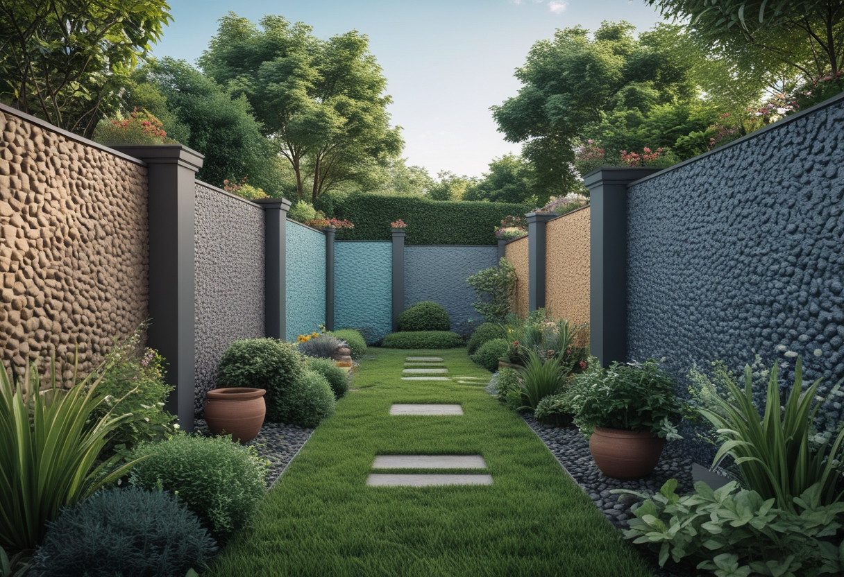 Several garden walls painted with pebble-effect textured paint surrounded by plants and flowers in a sunny outdoor garden.