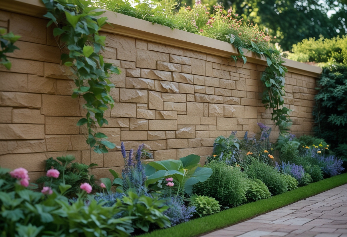 A garden wall painted to look like stone and brick surrounded by green plants and colorful flowers.