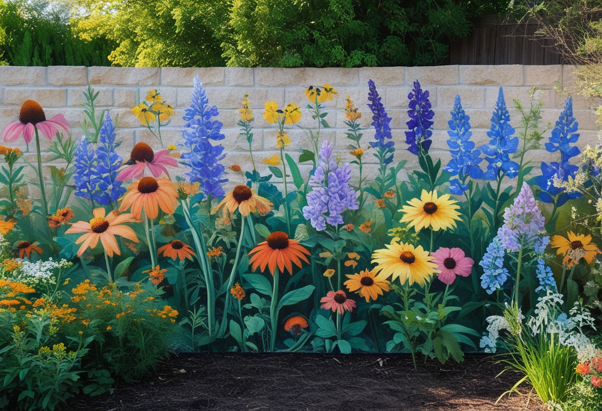 A garden wall painted with a colorful mural of native wildflowers surrounded by green plants and sunlight.
