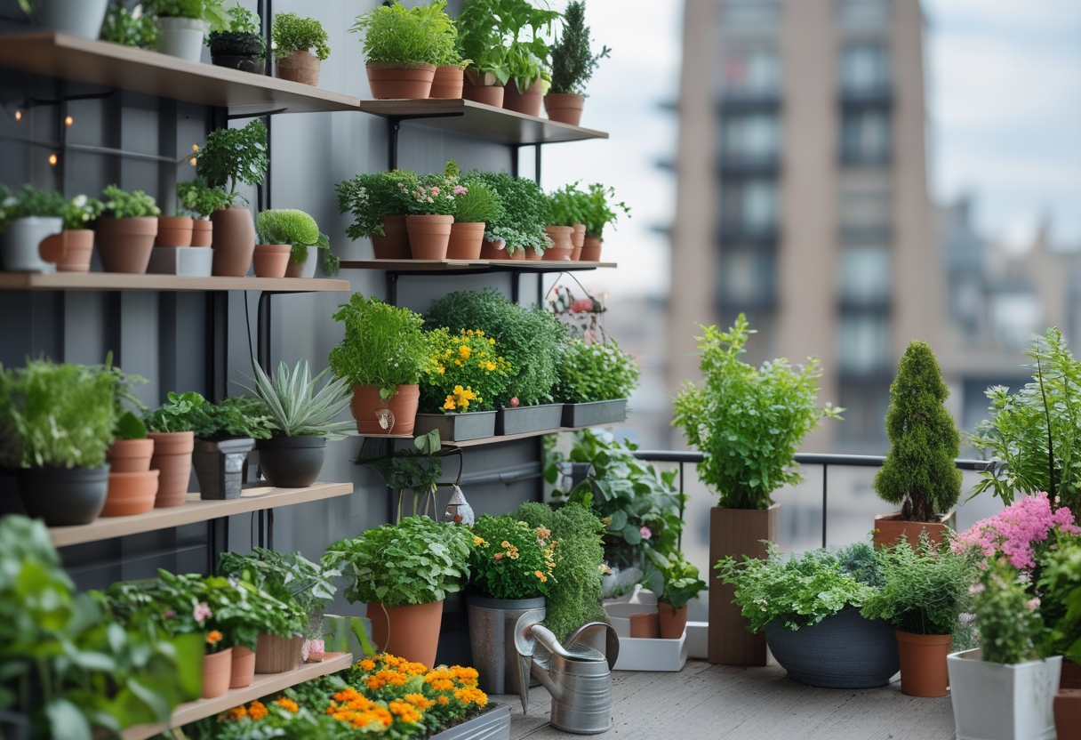A small urban balcony filled with various plants and flowers arranged in pots, shelves, and hanging planters, showing multiple creative gardening ideas in a compact space.