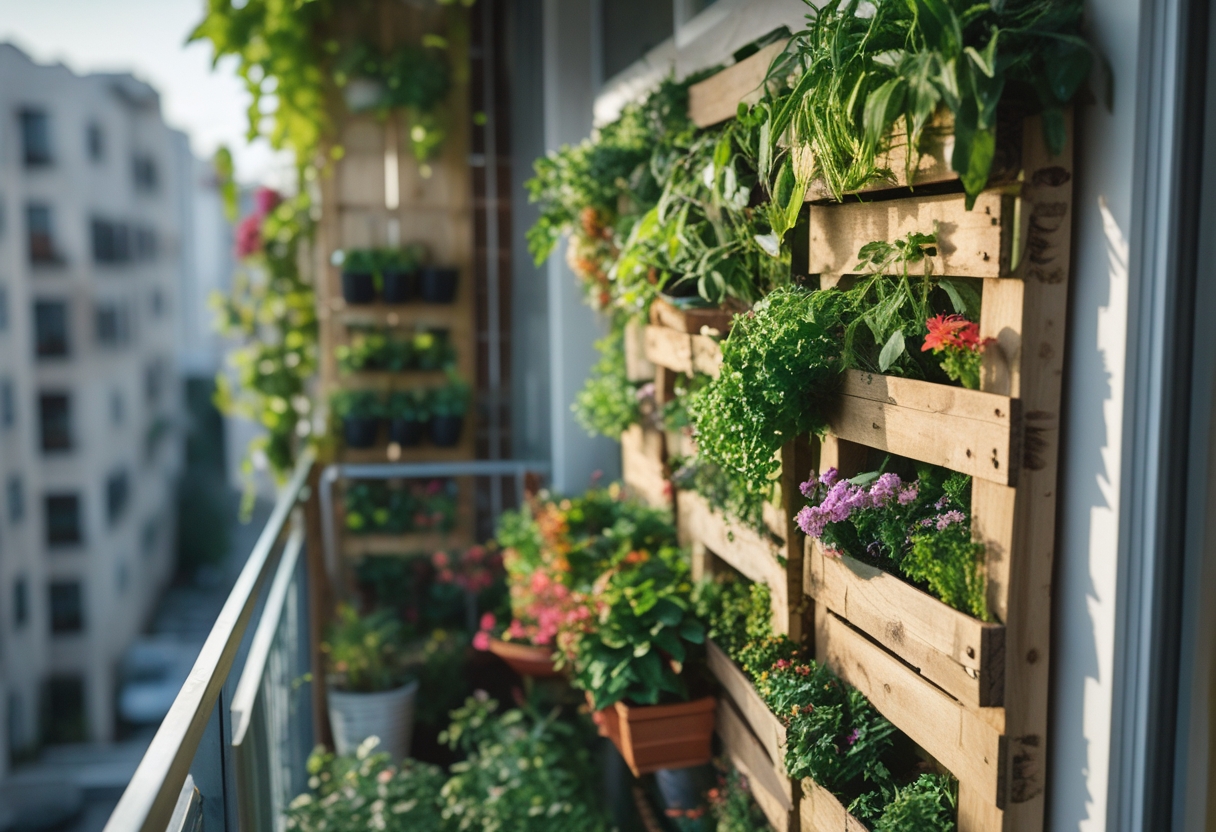 A vertical wooden pallet planter wall filled with green plants and flowers on a small balcony.