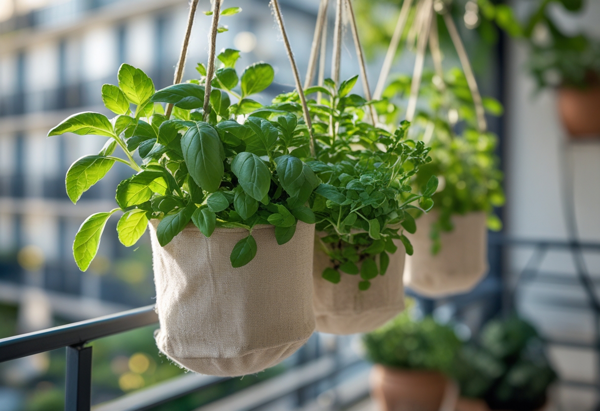 A hanging pocket garden with mint, basil, and thyme plants growing on a small balcony.
