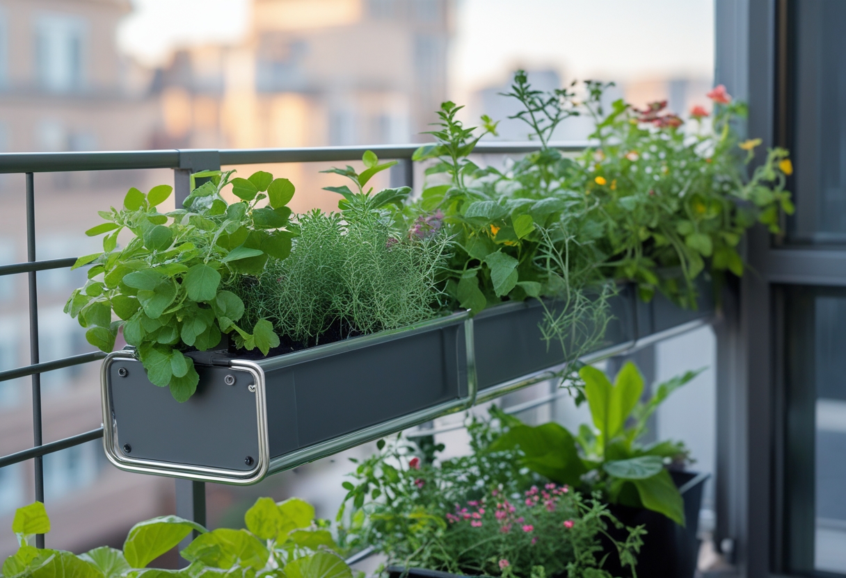 A small balcony with rail-mounted planter boxes filled with green plants and flowers overlooking a cityscape.