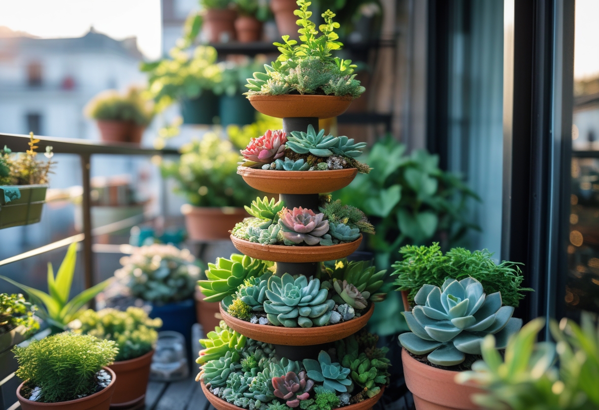 A tiered succulent tower with various small plants on a balcony surrounded by other potted plants.