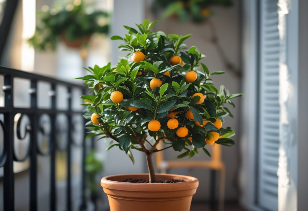 A small Calamondin orange tree with green leaves and orange fruits growing in a 12-inch patio pot on a balcony.