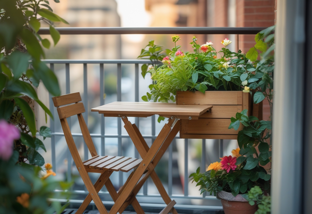 A small balcony with a fold-down wooden bistro table that has an integrated planter filled with green plants and flowers, surrounded by additional potted plants.
