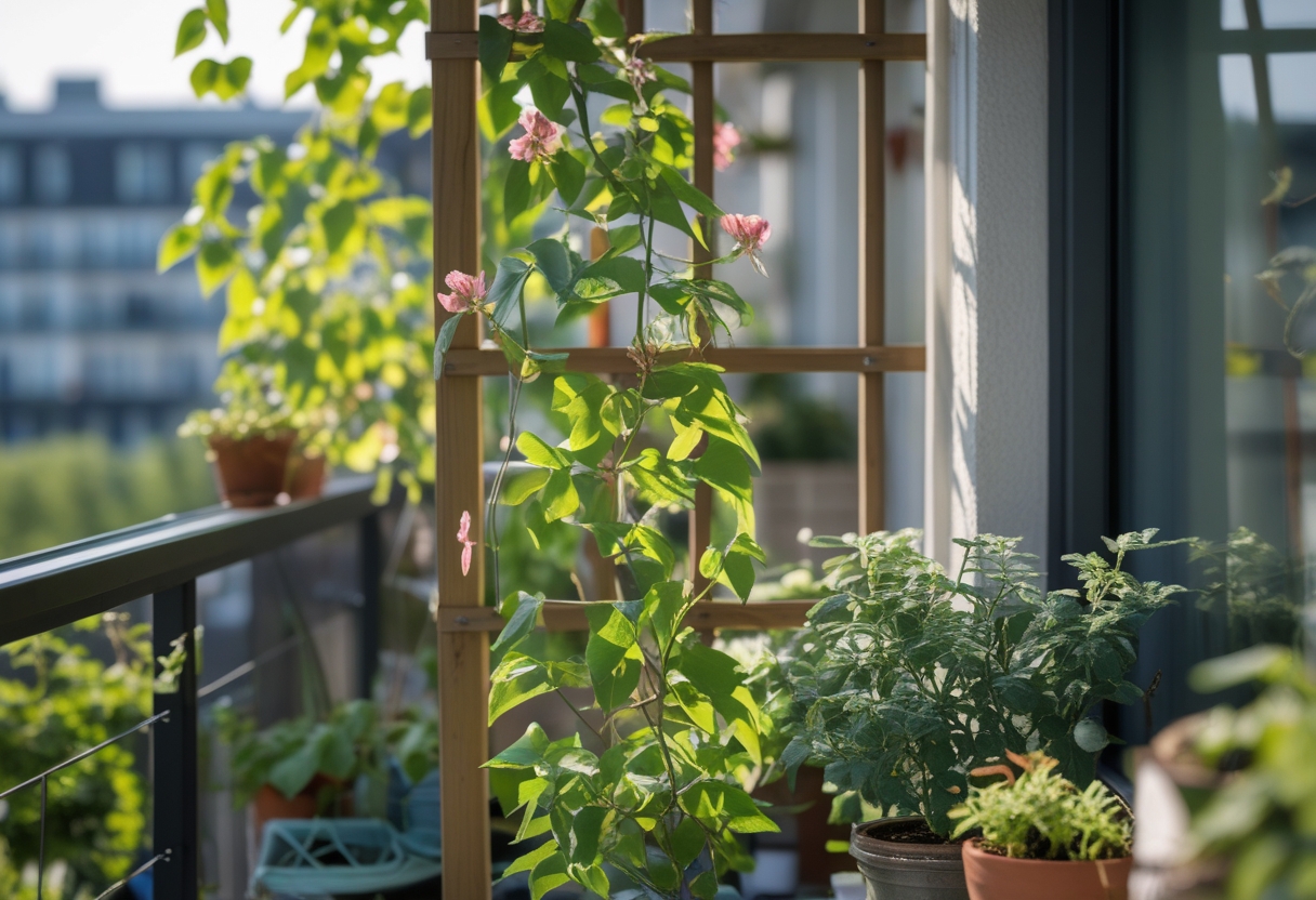 A small balcony corner with a wooden trellis supporting a flowering vine and several potted plants arranged around it.