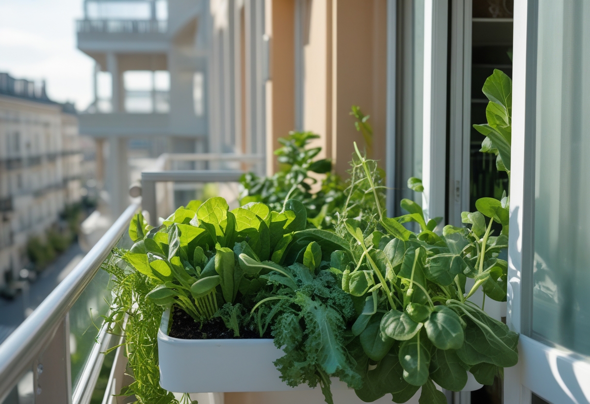 A small sunny balcony with a window-box garden growing lettuce, arugula, and baby spinach.