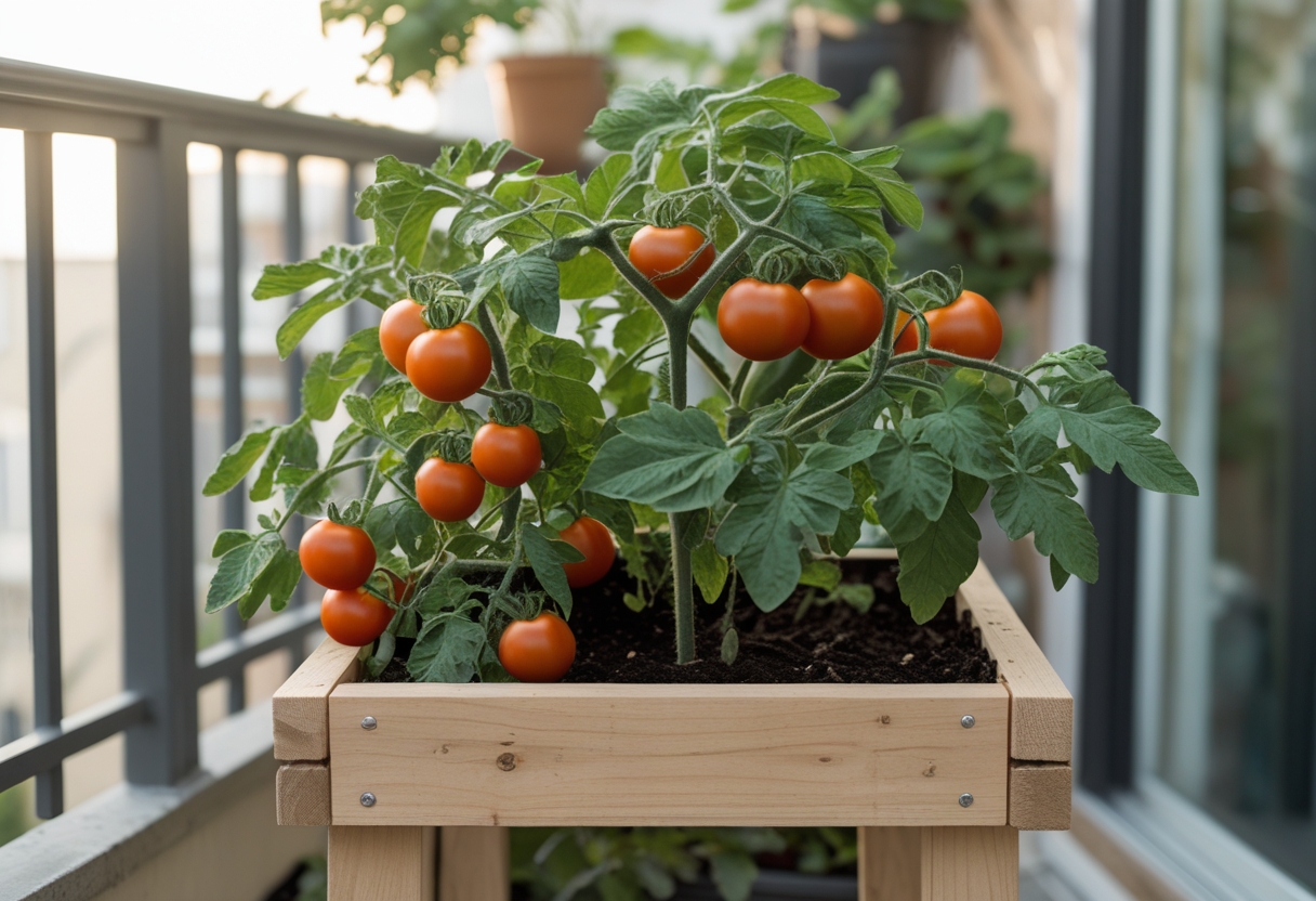 Mini raised garden bed on legs with ripe tomatoes on a small balcony surrounded by plants.