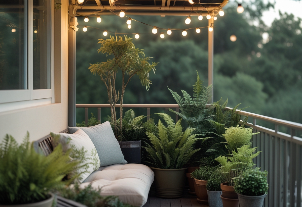 A cozy balcony seating area with string lights and several potted ferns.