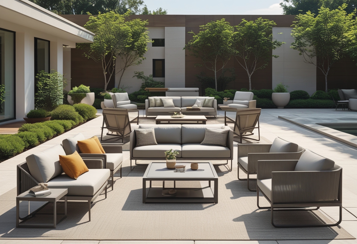 A bright outdoor patio with ten pieces of modern outdoor furniture including sofas, chairs, and tables arranged around a green garden.