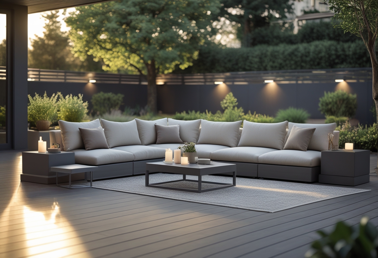 An outdoor patio with a large sectional sofa and a coffee table surrounded by greenery.