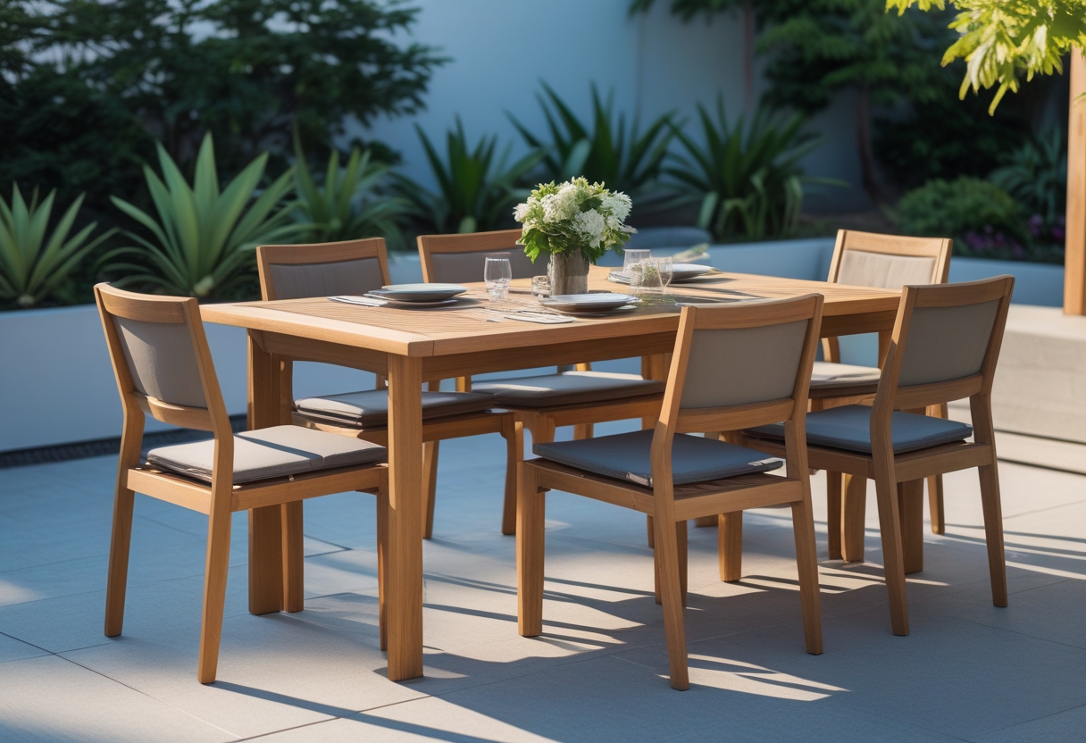 An outdoor teak dining table with chairs set on a patio surrounded by greenery and sunlight.