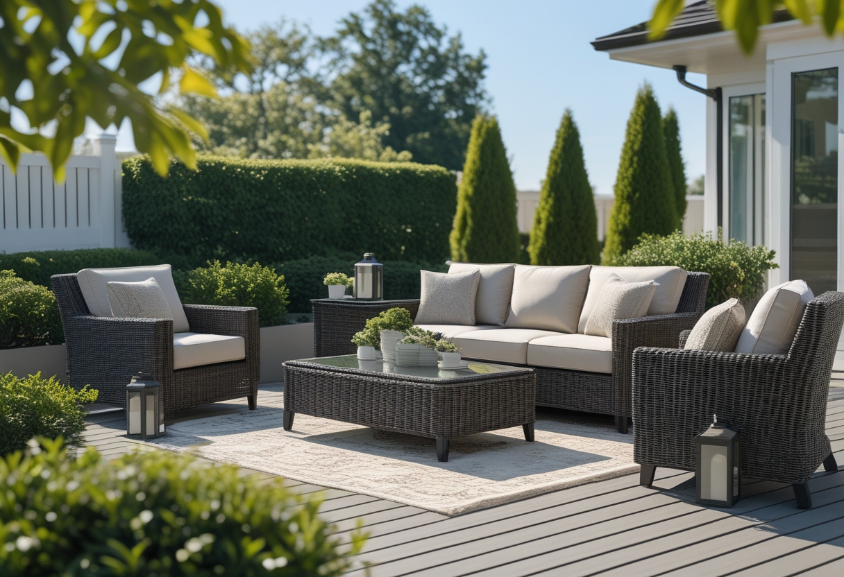 Outdoor patio with a wicker sofa, two armchairs, and a coffee table on a wooden deck surrounded by plants.