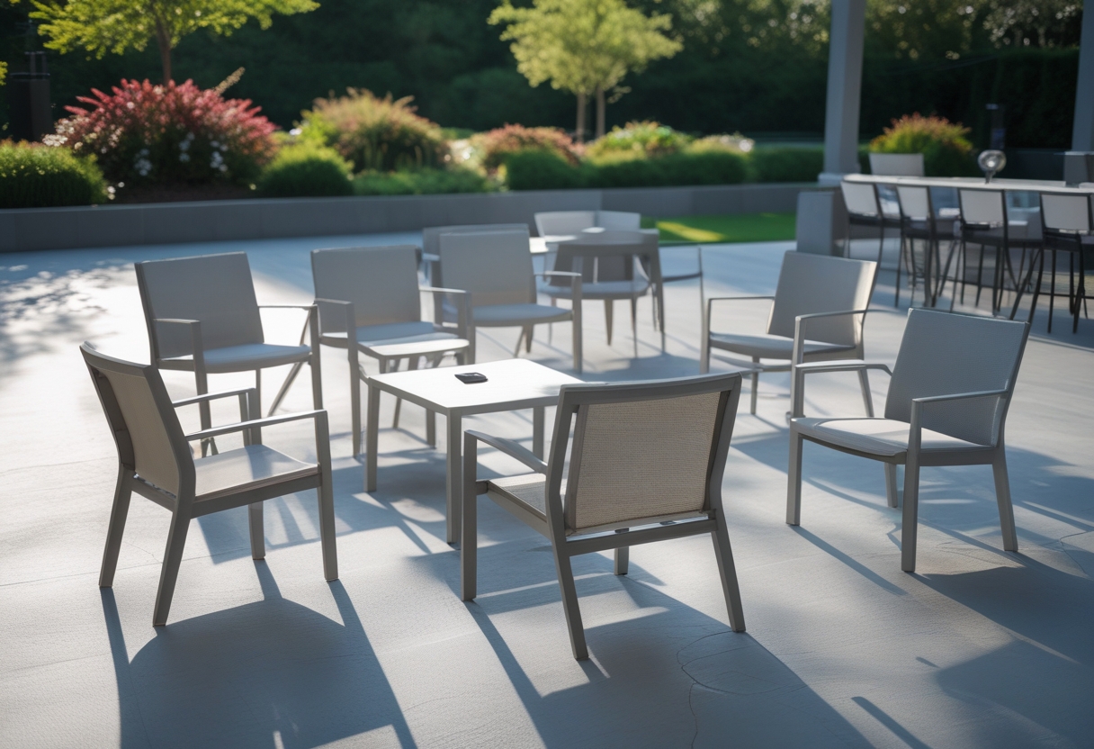 A group of aluminum sling chairs arranged around an outdoor dining table on a patio with greenery in the background.