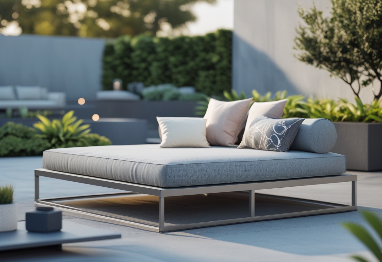 A modern outdoor daybed with cushions on a patio surrounded by plants.