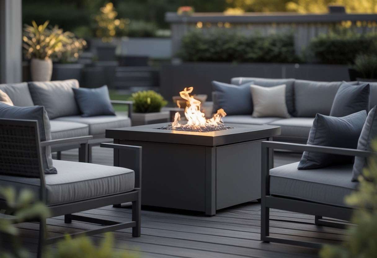 An outdoor patio with a fire pit coffee table surrounded by cushioned chairs and a sofa on a wooden deck with plants in the background.