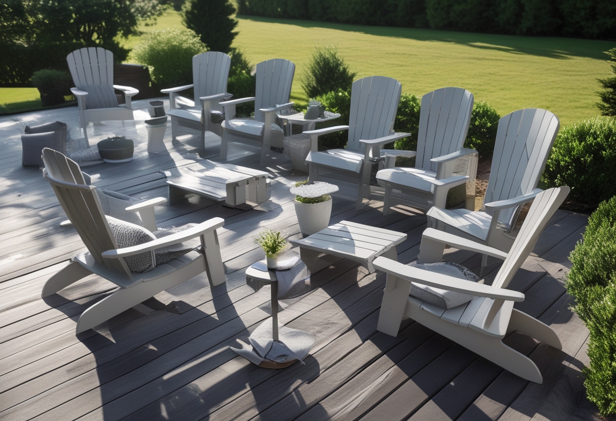 A set of Adirondack chairs arranged on a wooden deck in a garden setting with greenery and outdoor furniture.