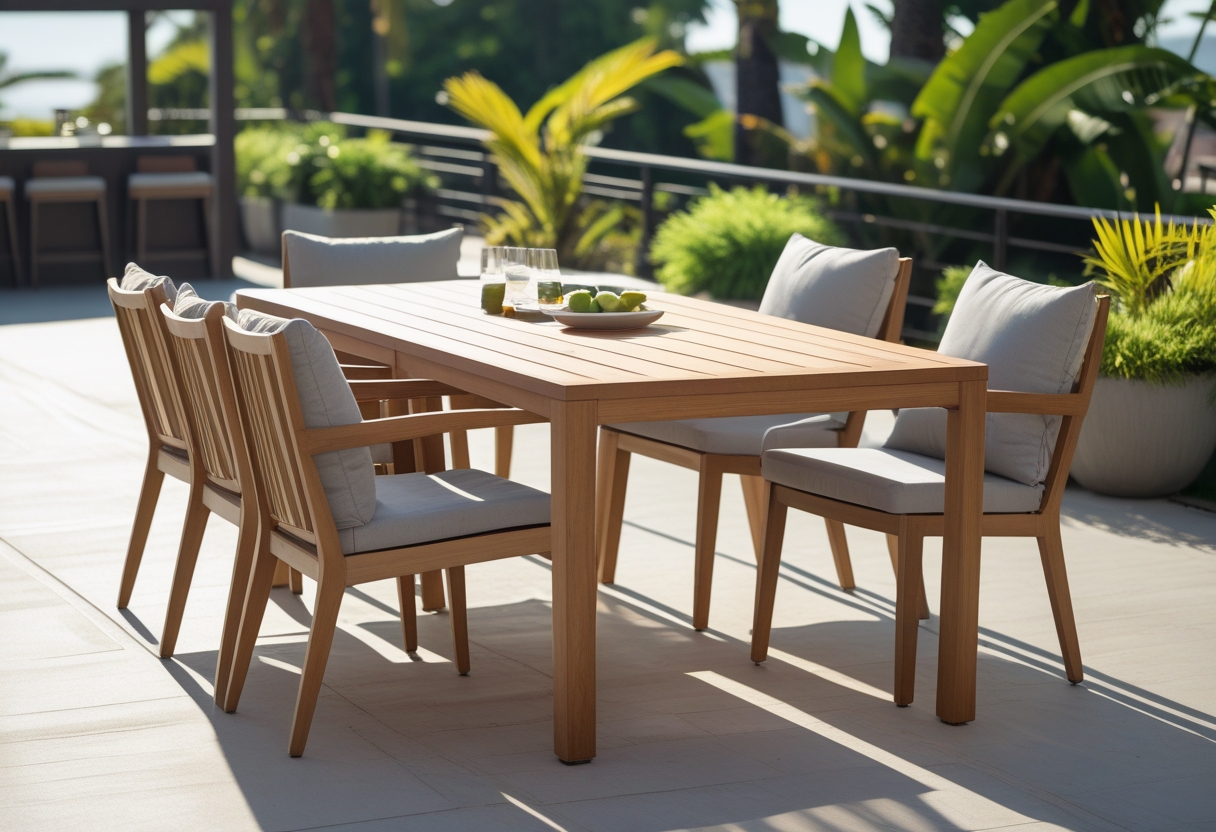 Outdoor dining table with chairs set on a patio surrounded by greenery.