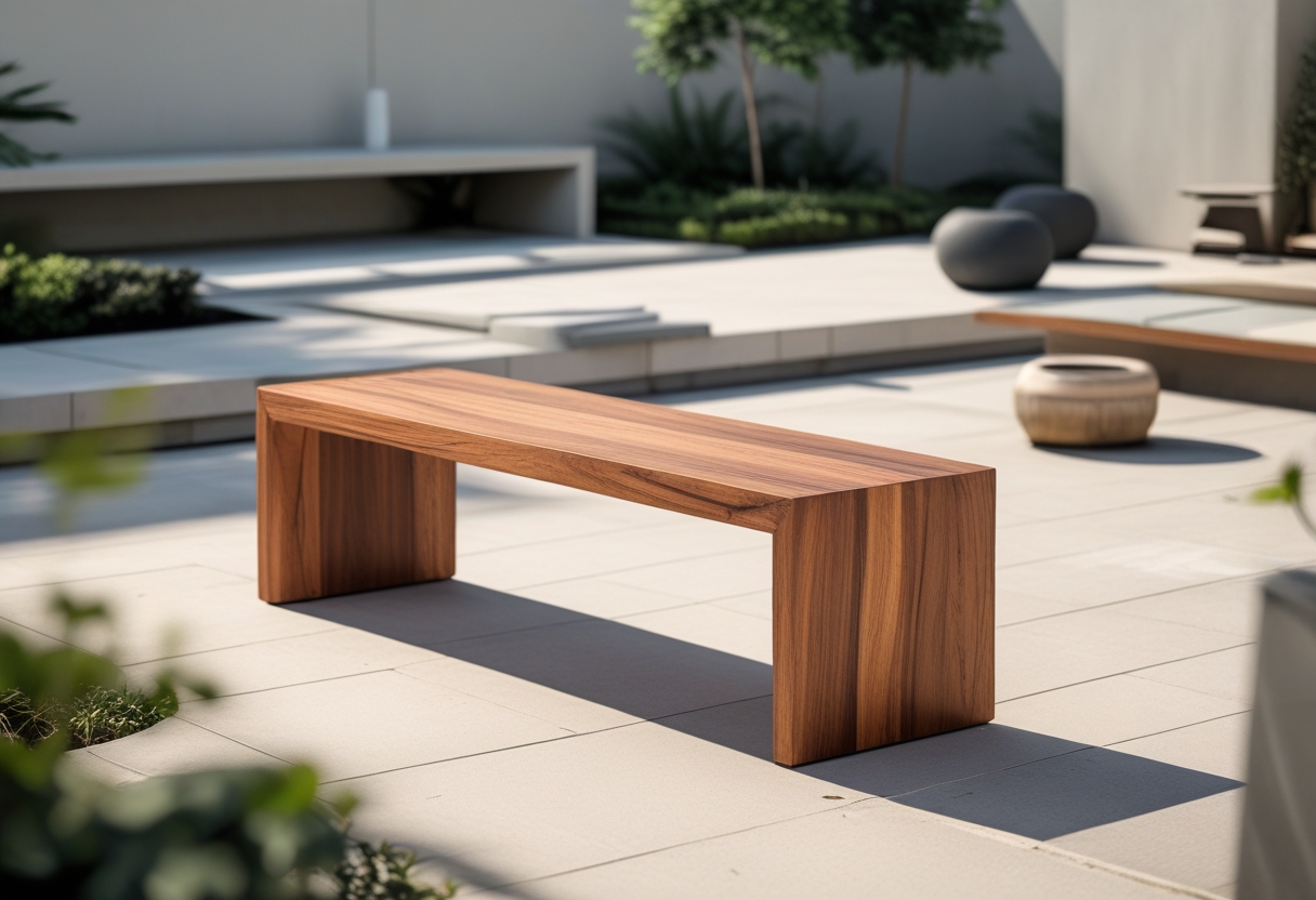 An acacia wood bench on a patio surrounded by plants and modern outdoor furniture.