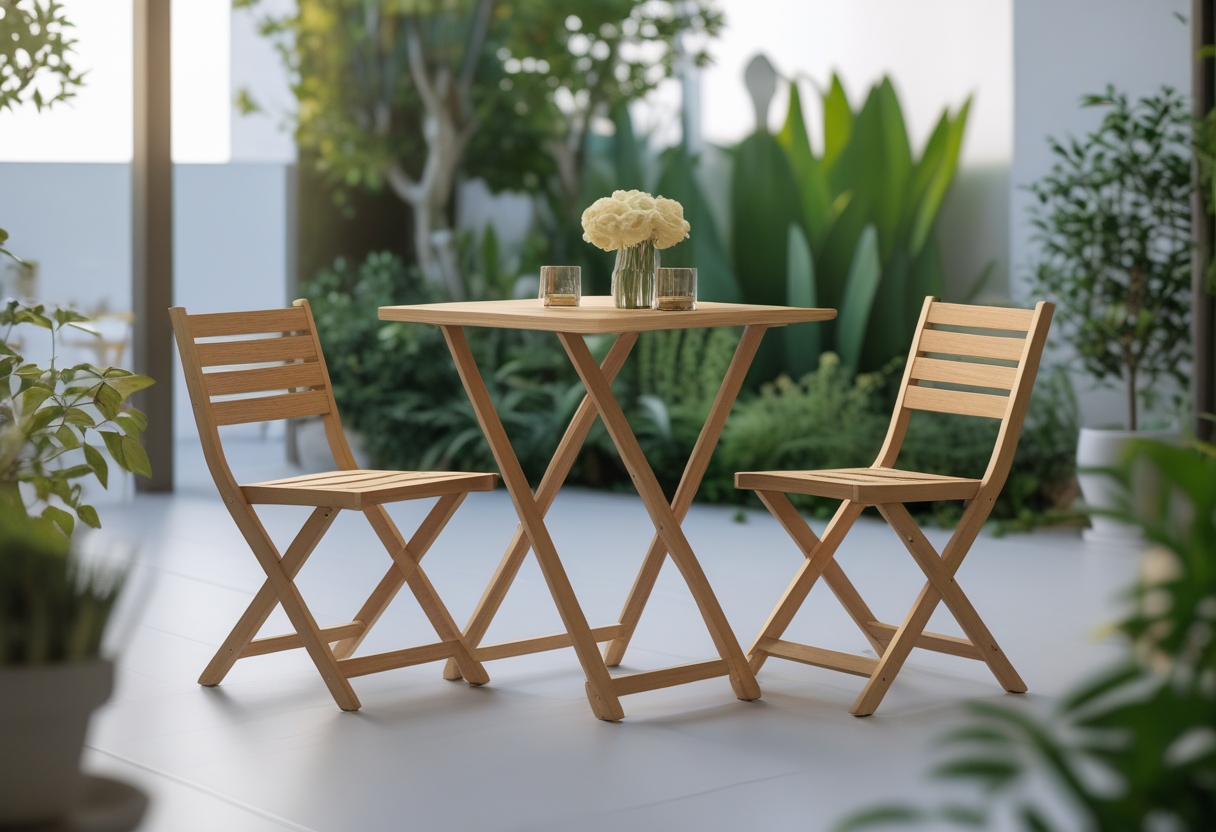 A small wooden folding table with two matching chairs set on a patio surrounded by green plants.