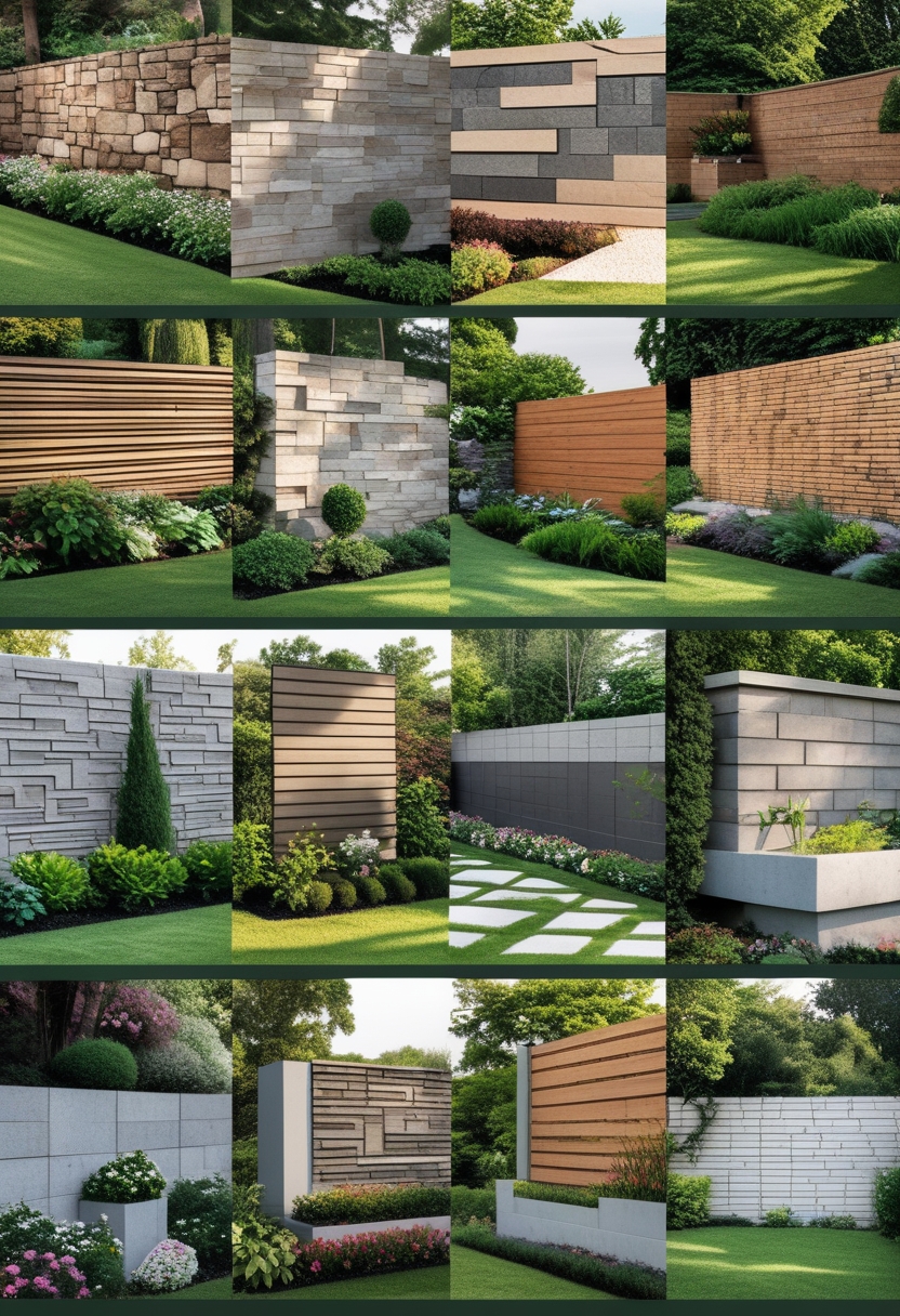 Ten different garden walls made of stone, brick, wood, and concrete surrounded by plants and greenery.