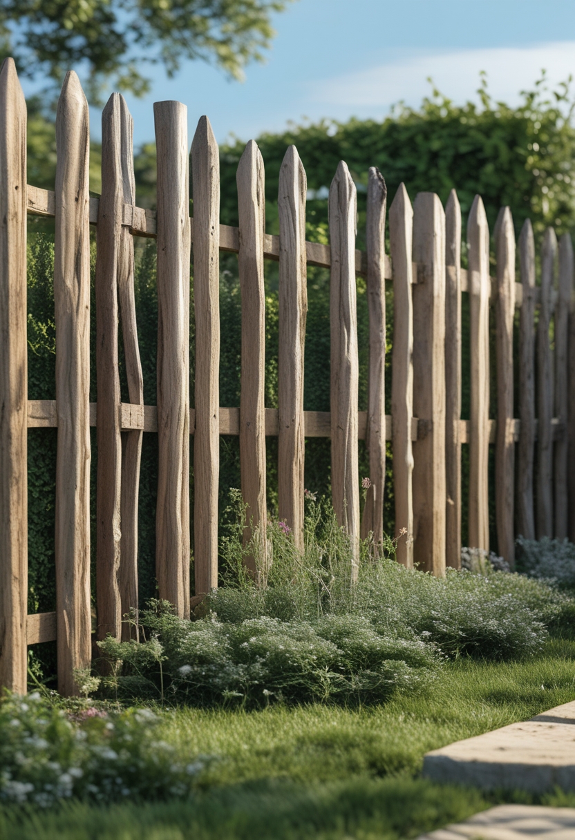 A garden with a wooden chestnut palisade wall surrounded by grass and plants under a clear sky.