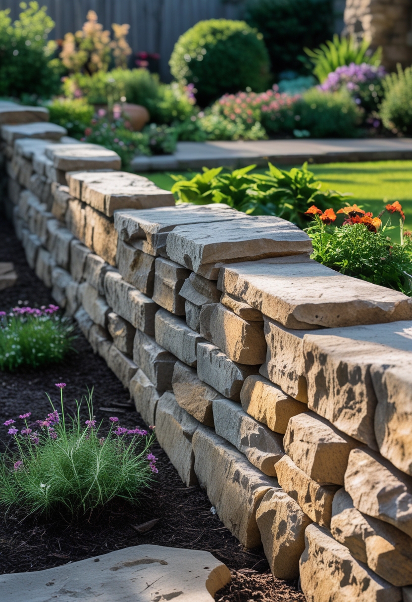 A dry-stacked natural stone retaining wall surrounded by green plants and flowers in a garden.
