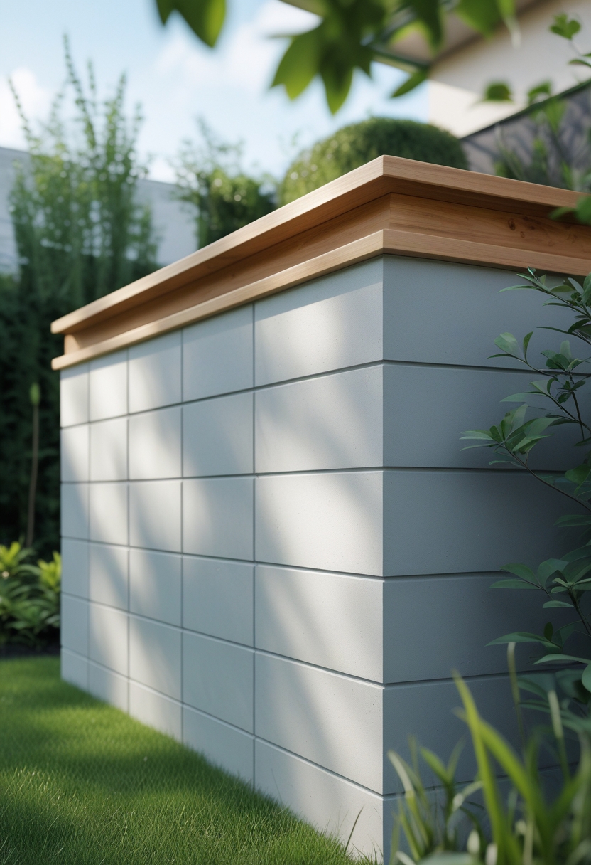 A garden privacy wall made of smooth rendered blocks with wooden capping, surrounded by grass and plants under a clear sky.