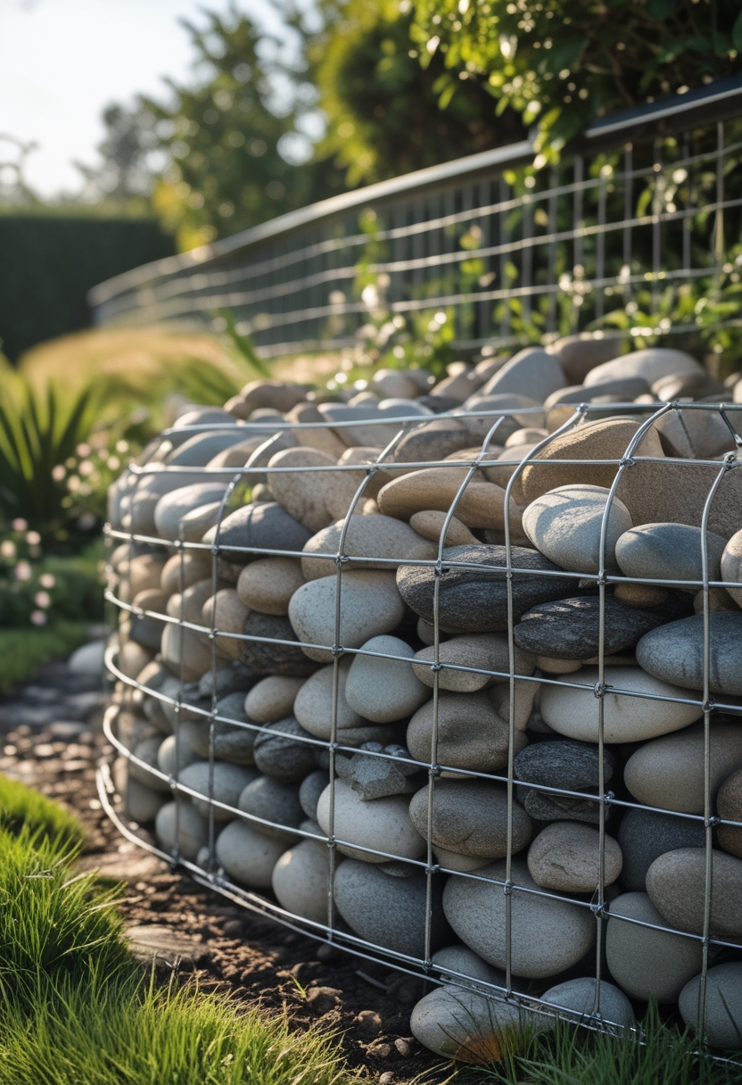 A garden with a gabion basket wall filled with river stones surrounded by grass and plants.
