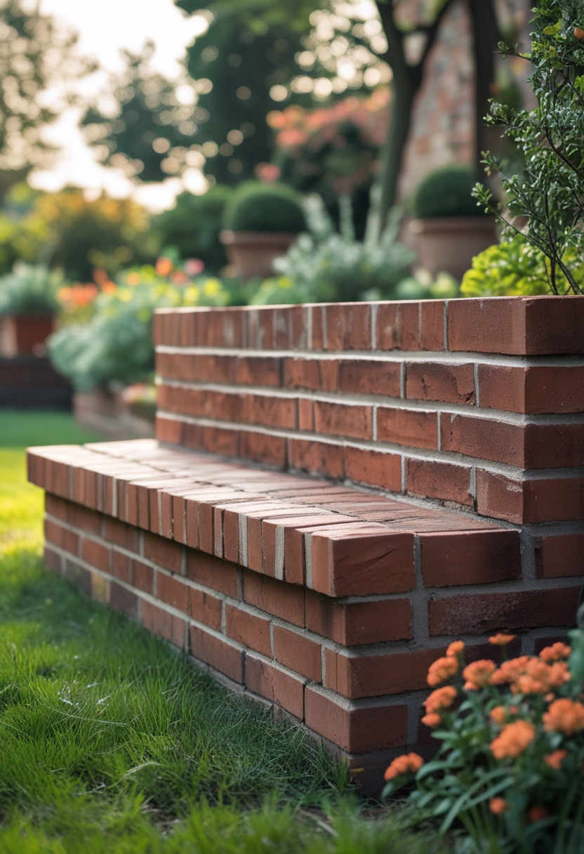 A half-height brick seat wall in a garden surrounded by grass and flowering plants.