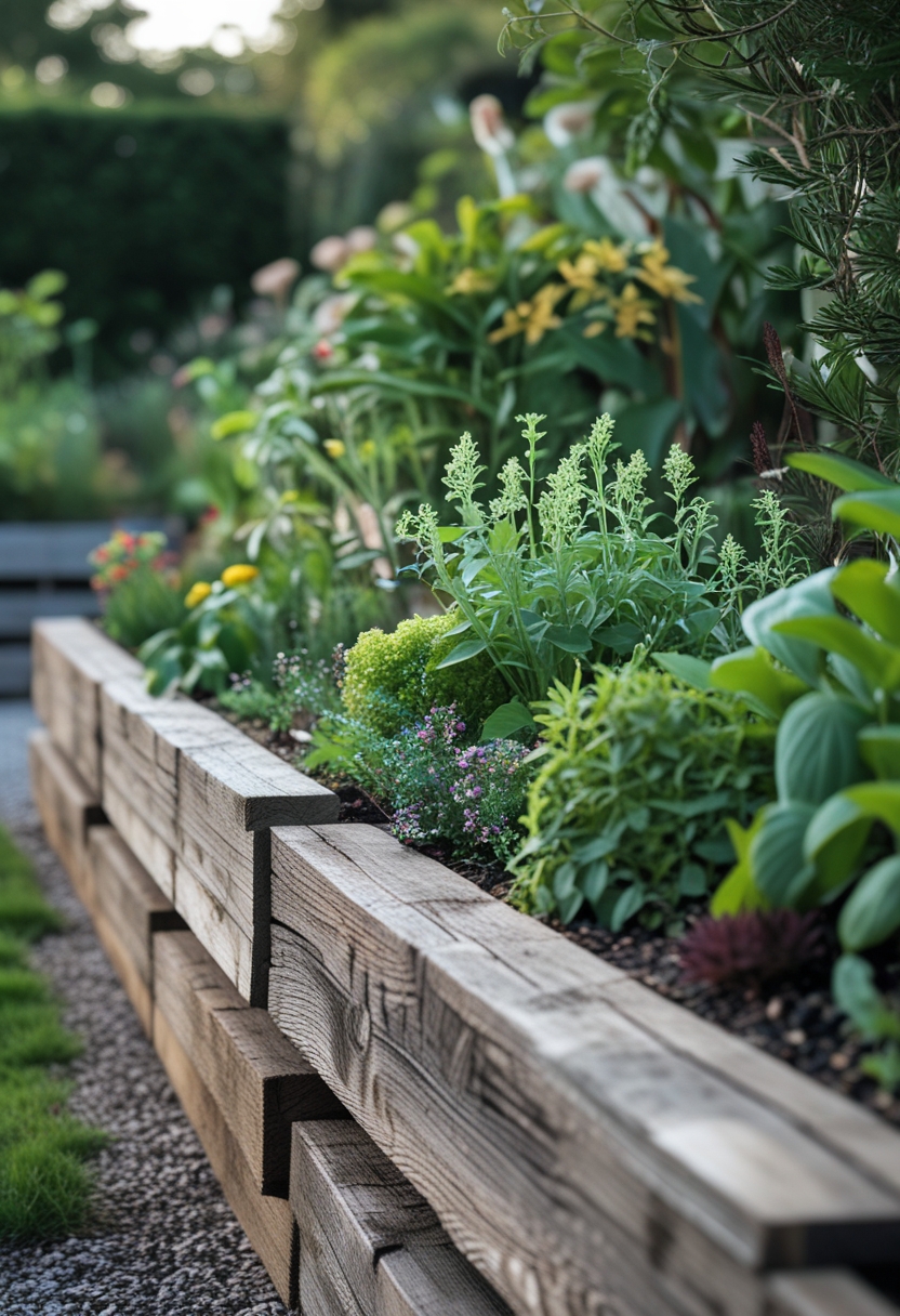 A raised garden planter wall made of reclaimed railway sleepers with green plants and flowers growing behind it.