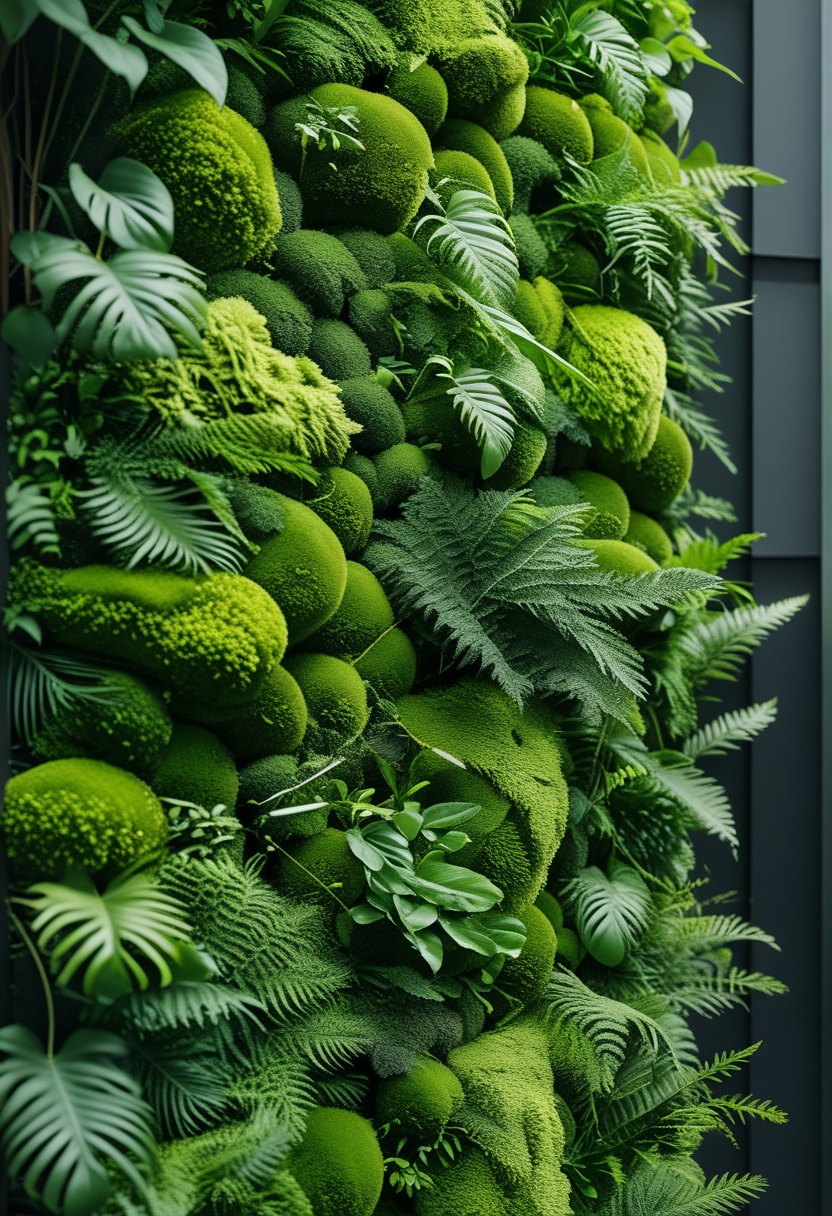 A vertical green wall covered with living moss and various green ferns.