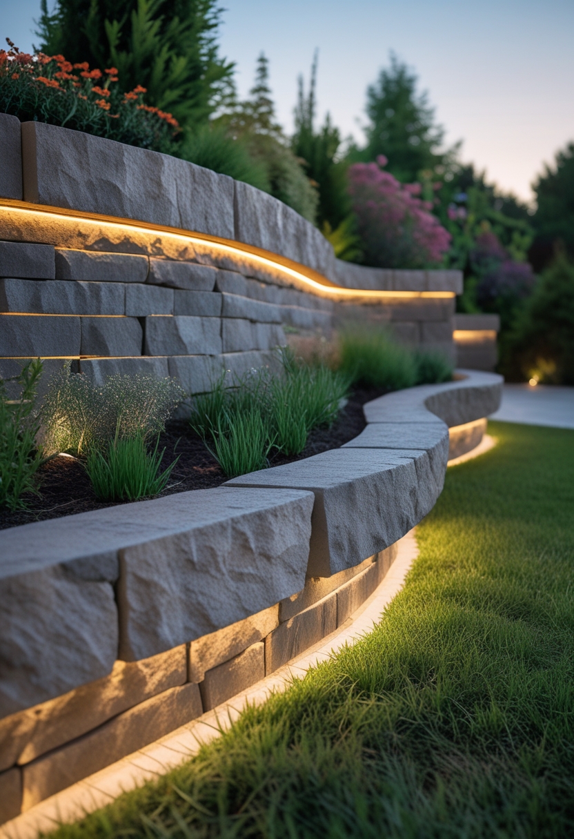 A curved stone garden wall with built-in lighting surrounded by plants and grass at dusk.