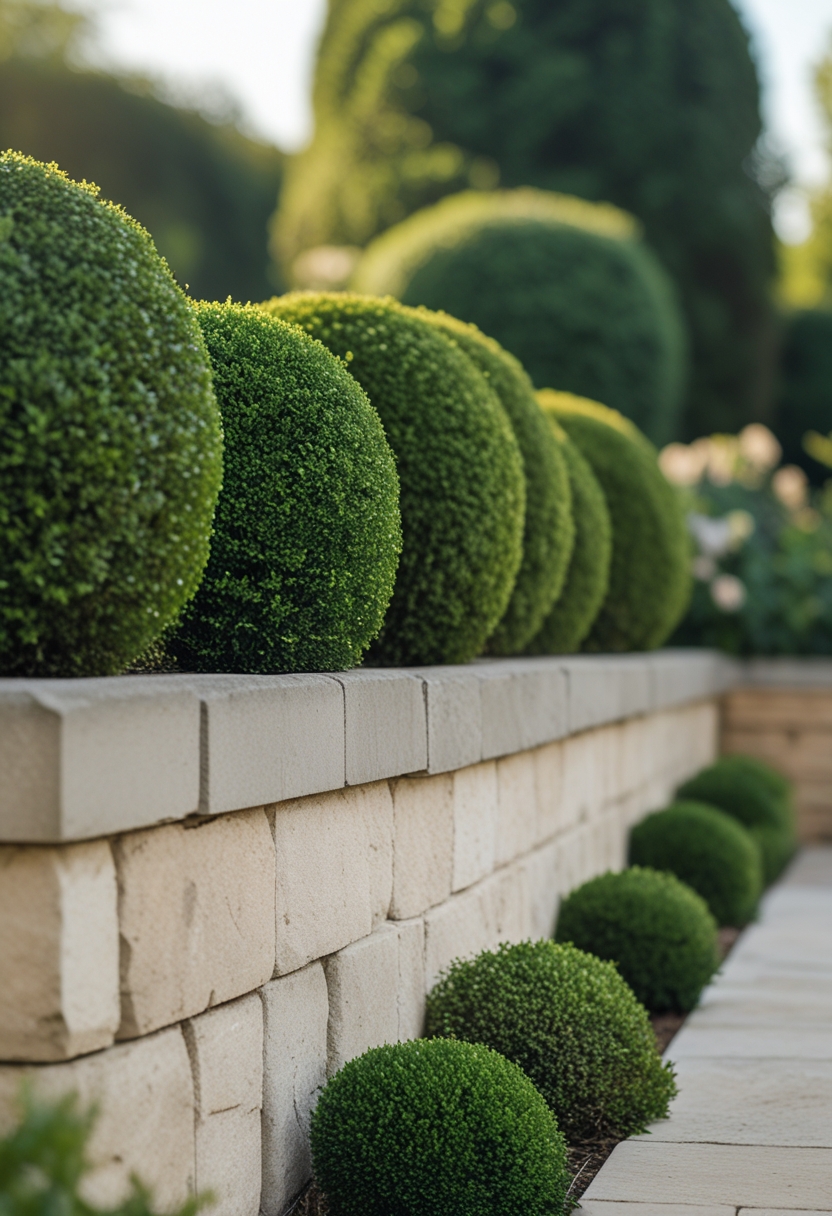 Low limestone boundary wall topped with neatly trimmed rounded boxwood plants in a garden setting.