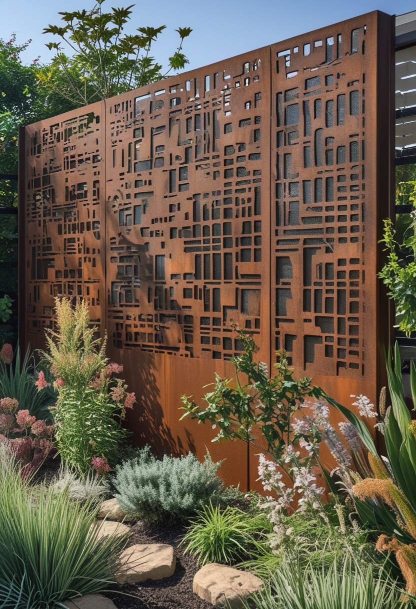 A garden with a rust-colored steel wall featuring decorative cut-out patterns surrounded by various plants and greenery.