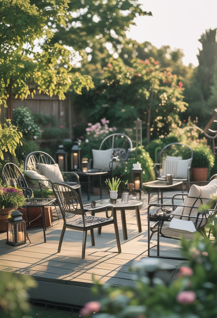 An outdoor patio with various metal chairs and tables arranged among plants and flowers under natural sunlight.