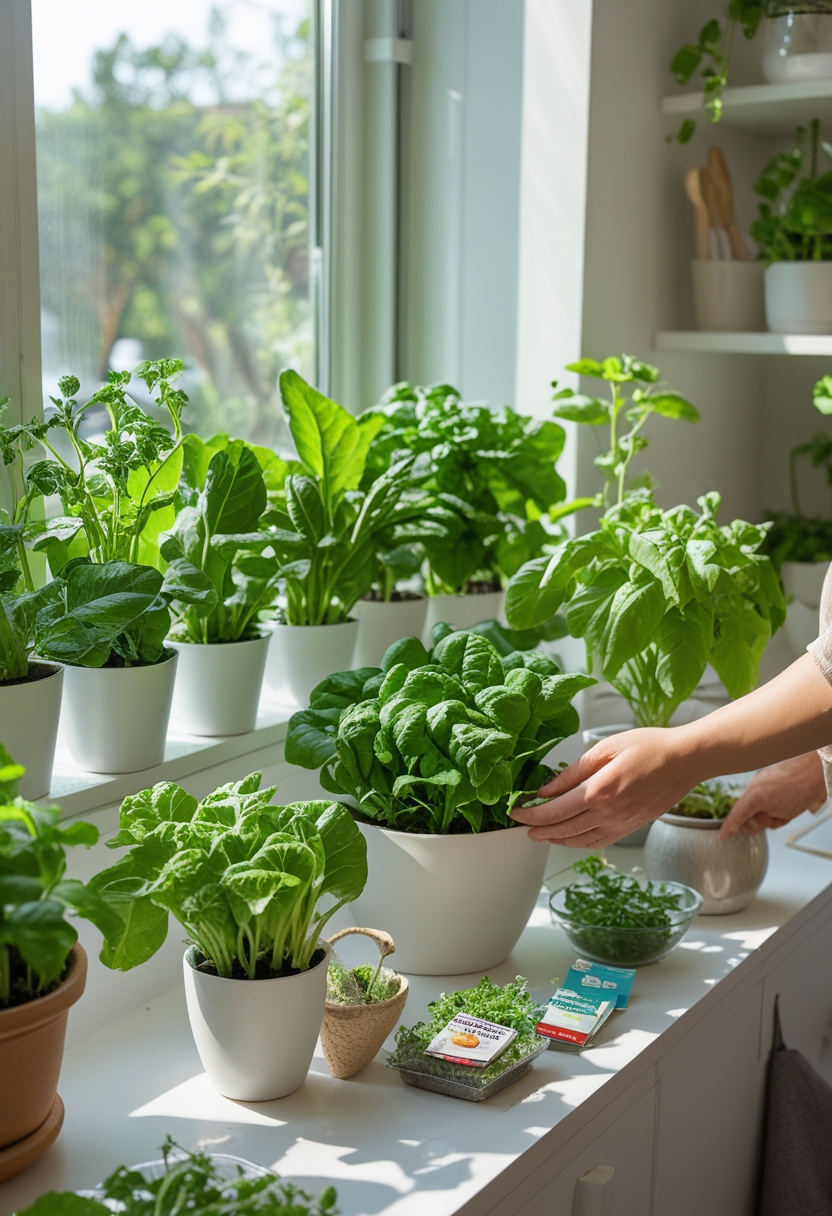 Indoor vegetable garden with various green plants growing in pots on a windowsill and shelves, with hands tending to the plants.
