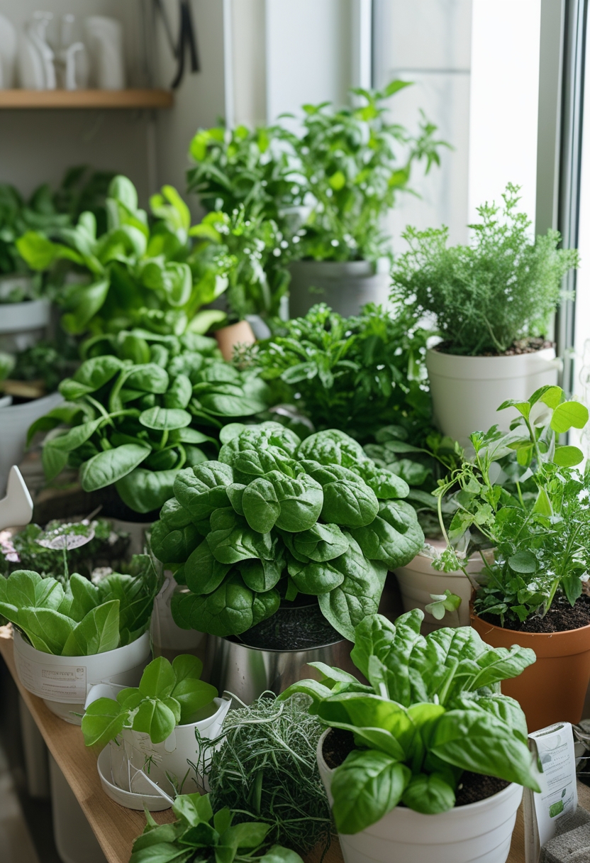 Indoor garden with various healthy vegetables and herbs growing in pots near a sunny window.